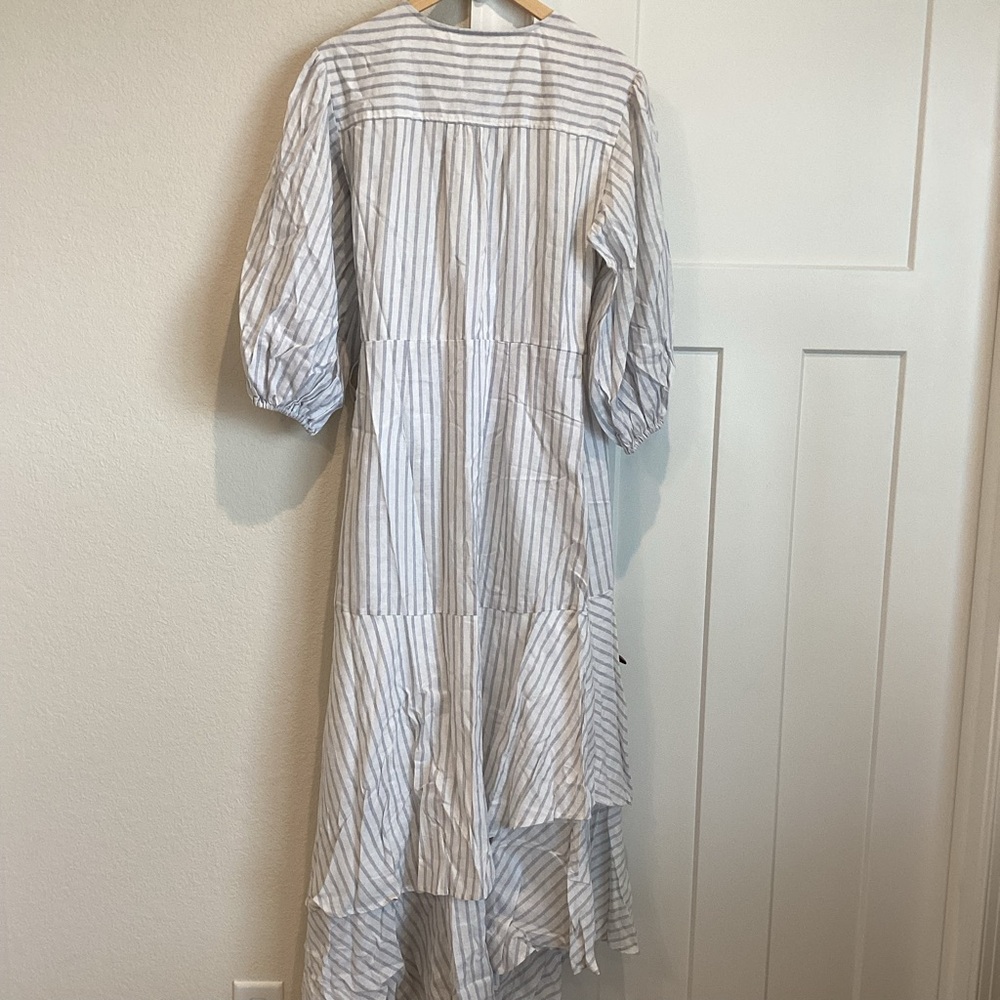 Anthropologie Maeve Tiered Linen Asymmetrical Wrap Dress NEW Large Grey Stripe - Picture 11 of 15